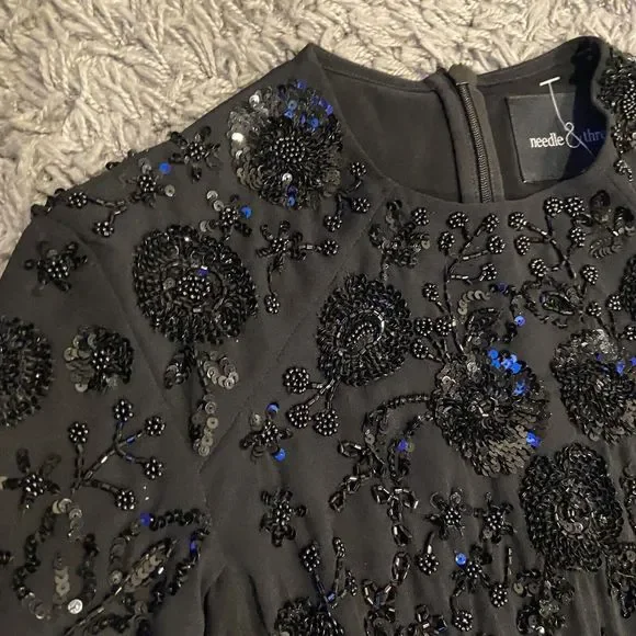 Needle & Thread Long Sleeve Lace Sequin Embellished Mini Dress Black Midnight 0